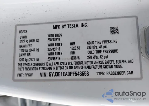 2023 Tesla Model 3 Rear-Wheel Drive z USA, uszkodzony, nr VIN 5YJ3E1EA0PF543558